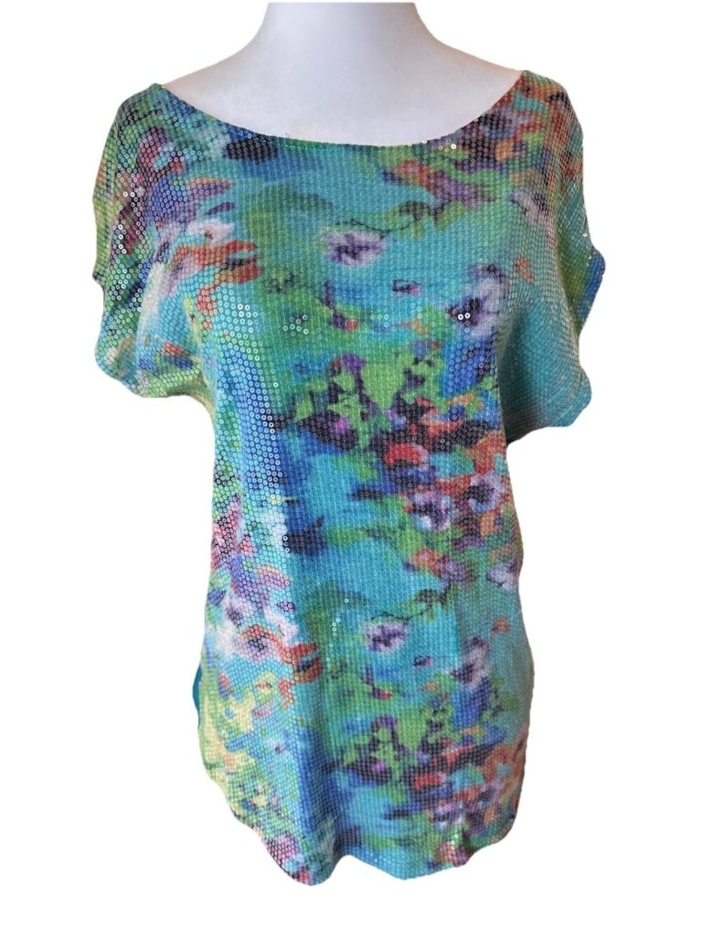 Crosby Sequined Large Teal Short Sleeve Floral Embellished Blouse Shimmer